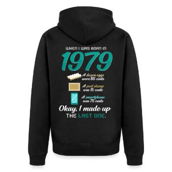 Born in 1979 - Unisex Premium Organic Zip Hoodie - black - Back - Nico (187cm)