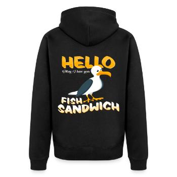 Bonjour idée de cadeau sandwich au poisson mouette côte nord - Veste à capuche bio Premium Unisexe - noir - Dos - Nico (187cm)