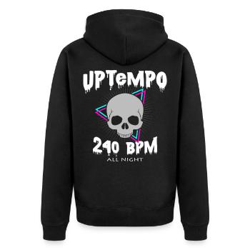 Uptempo 240 BPM Totenkopf Hardstyle Hakken Gabber - Unisex Premium Bio Zip Hoodie - Schwarz - Hinten - Nico (187cm)