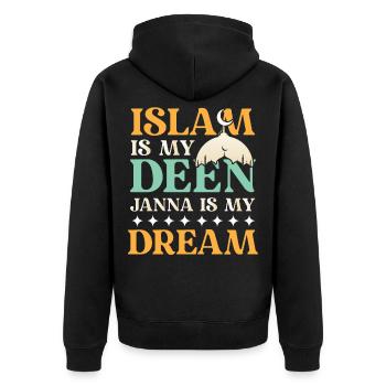 ISLAM IS MY DEEN JANNA IS MY DREAM - Unisex Premium Bio Zip Hoodie - Schwarz - Hinten - Nico (187cm)