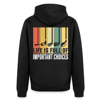 Golf Shirt für Golfer sagen "Das Leben ist voll - Unisex Premium Bio Zip Hoodie - Schwarz - Hinten - Nico (187cm)