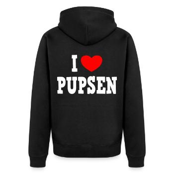 I LOVE PUPSEN - Pups Furz Blähungen - Unisex Premium Bio Zip Hoodie - Schwarz - Hinten - Nico (187cm)