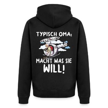 Typisch Oma Teppichklopfer Hubschrauber Aufpassen - Unisex Premium Bio Zip Hoodie - Schwarz - Hinten - Nico (187cm)