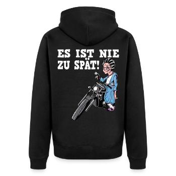 Es Ist Nie Zu Spät - Motorrad Oma - Unisex Premium Bio Zip Hoodie - Schwarz - Hinten - Nico (187cm)