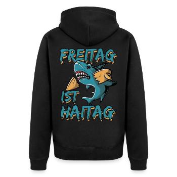 Friday is Haitag Funny word game weekend - Unisex Premium Organic Zip Hoodie - black - Back - Nico (187cm)