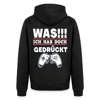 Gamer Zocker Gaming Spruch Ich hab doch gedrückt - Unisex Premium Bio Zip Hoodie - Schwarz - Hinten - Nico (187cm)