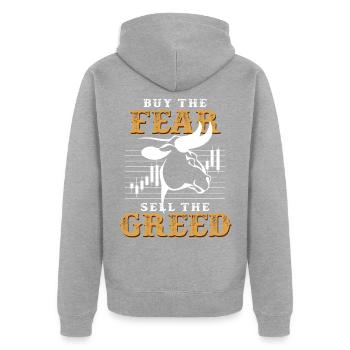 Kaufe die Angst und verkaufe die Gier Spruch - Unisex Premium Bio Zip Hoodie - Grau meliert - Hinten - Nico (187cm)