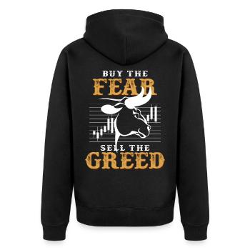 Kaufe die Angst und verkaufe die Gier Spruch - Unisex Premium Bio Zip Hoodie - Schwarz - Hinten - Nico (187cm)
