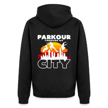 Parkour through my urban city street style - Unisex Premium Organic Zip Hoodie - black - Back - Nico (187cm)