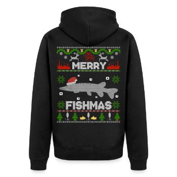 Zander Claus ® Das Original - Merry Fishmas - Unisex Premium Bio Zip Hoodie - Schwarz - Hinten - Nico (187cm)