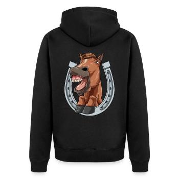 Pferd Lacht und Zeigt Zähne mit Hufeisen - Unisex Premium Bio Zip Hoodie - Schwarz - Hinten - Nico (187cm)