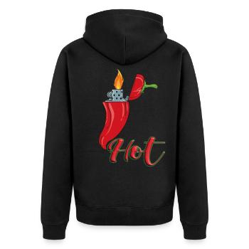 Lustige Peperoni mit Feuerzeug Chilischote Chili - Unisex Premium Bio Zip Hoodie - Schwarz - Hinten - Nico (187cm)