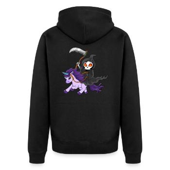 Cooles Einhorn als Zombie mit Gevater Tod - Unisex Premium Bio Zip Hoodie - Schwarz - Hinten - Nico (187cm)