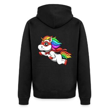 Lustiges Einhorn als Held für einen Superheld - Unisex Premium Bio Zip Hoodie - Schwarz - Hinten - Nico (187cm)