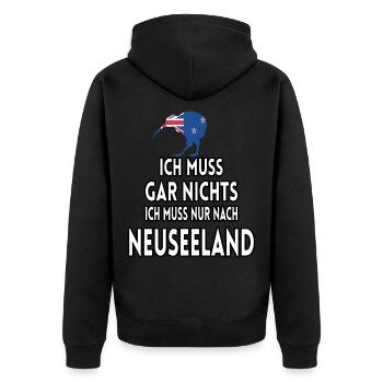 Ich muss gar nichts ich muss nur nach Neuseeland - Unisex Premium Bio Zip Hoodie - Schwarz - Hinten - Nico (187cm)
