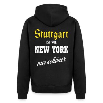 Stuttgart ist wie New York nur schöner - Unisex Premium Bio Zip Hoodie - Schwarz - Hinten - Nico (187cm)
