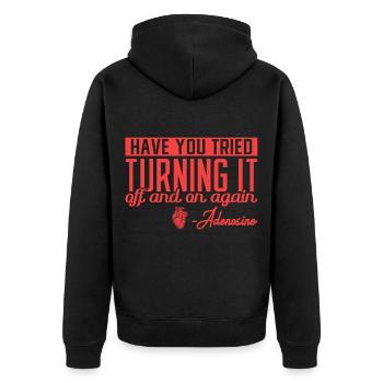 Have you tried turning it off and on again - Adeno - Unisex Premium Bio Zip Hoodie - Schwarz - Hinten - Nico (187cm)
