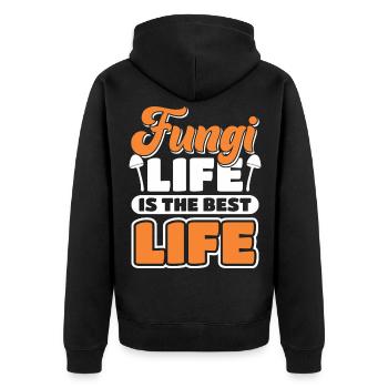 Pilzjäger Pilz Pilze Geschenk - Unisex Premium Bio Zip Hoodie - Schwarz - Hinten - Nico (187cm)
