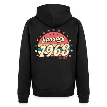 1963 En janvier Millésime - Veste à capuche bio Premium Unisexe - noir - Dos - Nico (187cm)