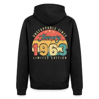 1963 Januar Retro Nicht Zu Stoppen - Unisex Premium Bio Zip Hoodie - Schwarz - Hinten - Nico (187cm)