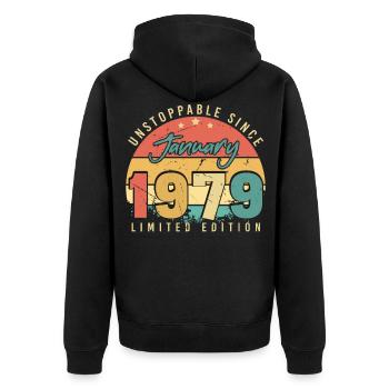 Janvier 1979 Vintage Limited - Veste à capuche bio Premium Unisexe - noir - Dos - Nico (187cm)