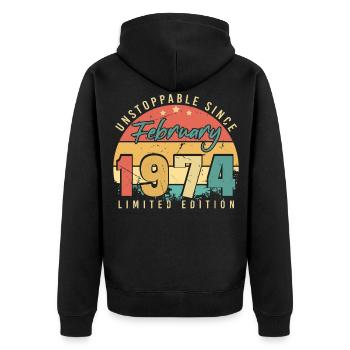 Février 1974 Unstoppable Vintage - Veste à capuche bio Premium Unisexe - noir - Dos - Nico (187cm)