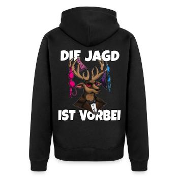 Hirschgeweihshirt mit Damenunterwäsche zum JGA - Unisex Premium Bio Zip Hoodie - Schwarz - Hinten - Nico (187cm)