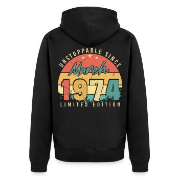 März 1974 Retro Nicht Zu Stoppen - Unisex Premium Bio Zip Hoodie - Schwarz - Hinten - Nico (187cm)