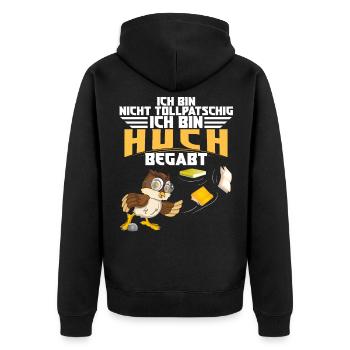 Eule Pechvogel Huch begabt und nicht tollpatschig - Unisex Premium Bio Zip Hoodie - Schwarz - Hinten - Nico (187cm)