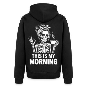 Skelett mit Kaffee Morgenritual - Unisex Premium Bio Zip Hoodie - Schwarz - Hinten - Nico (187cm)