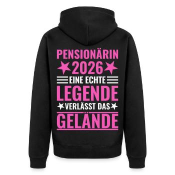 Pensionärin 2026 Eine Legende verlässt das Gelände - Unisex Premium Bio Zip Hoodie - Schwarz - Hinten - Nico (187cm)