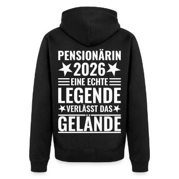 Pensionärin 2026 Eine Legende verlässt das Gelände - Unisex Premium Bio Zip Hoodie - Schwarz - Hinten - Nico (187cm)