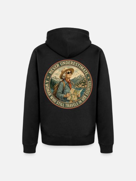 Baroudeuse de 80 ans : L'Aventure Continue - Veste à capuche bio Premium Unisexe - noir