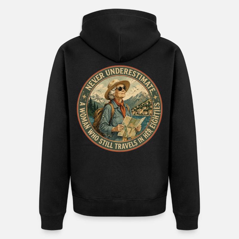 Baroudeuse de 80 ans : L'Aventure Continue - Veste à capuche bio Premium Unisexe - noir