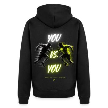 DuGegenDich Duell - Unisex Premium Bio Zip Hoodie - Schwarz - Hinten - Nico (187cm)