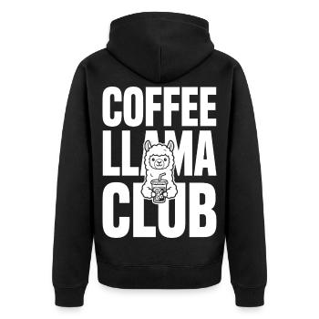 Coffee Llama Club – Eiskaffee - Unisex Premium Bio Zip Hoodie - Schwarz - Hinten - Nico (187cm)