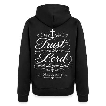 Vertraue dem Herrn von ganzem Herzen – Sprichwörter - Unisex Premium Bio Zip Hoodie - Schwarz - Hinten - Nico (187cm)