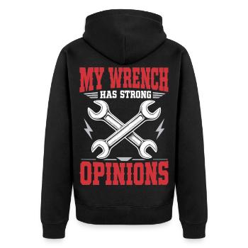Schrauberhumor – My Wrench Has Strong Opinions - Unisex Premium Bio Zip Hoodie - Schwarz - Hinten - Nico (187cm)