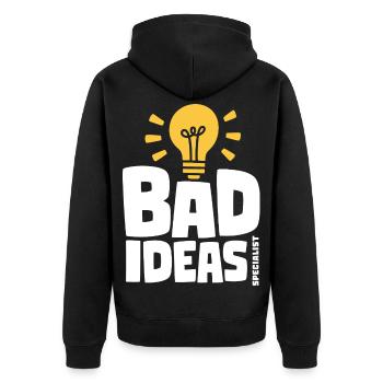 Bad Ideas Specialist – Glühbirne mit Selbstironie - Unisex Premium Bio Zip Hoodie - Schwarz - Hinten - Nico (187cm)
