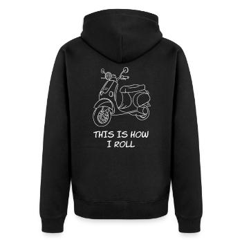 Scooter Motorcycle Shirt For Cyclists "This Is - Unisex Premium Bio Zip Hoodie - Schwarz - Hinten - Nico (187cm)