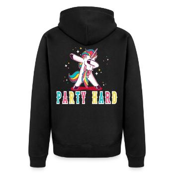 Einhorn,unicorn,Party hard,Rock Hand,Festival - Unisex Premium Bio Zip Hoodie - Schwarz - Hinten - Nico (187cm)