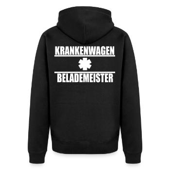 Krankenwagenbelademeister,Rettungsdienst,RTW Shirt - Unisex Premium Bio Zip Hoodie - Schwarz - Hinten - Nico (187cm)