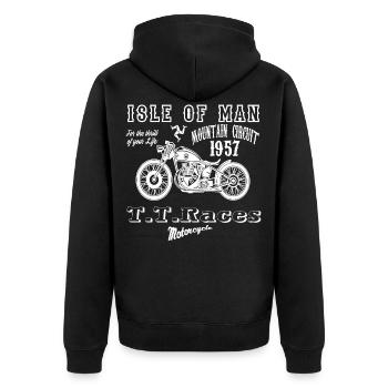 isle of man 1957,Motorrad Renn-Shirt Vintage Biker - Unisex Premium Bio Zip Hoodie - Schwarz - Hinten - Nico (187cm)