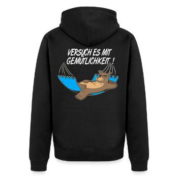 Bär,Gemütlichkeit,Relax Hängematte,Urlaub Pause - Unisex Premium Bio Zip Hoodie - Schwarz - Hinten - Nico (187cm)