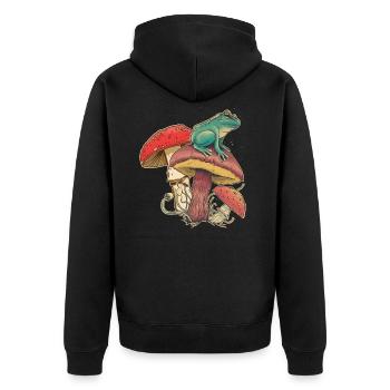 Pilzfreunde, Pilzsammler, Natur Frosch Fliegenpilz - Unisex Premium Bio Zip Hoodie - Schwarz - Hinten - Nico (187cm)