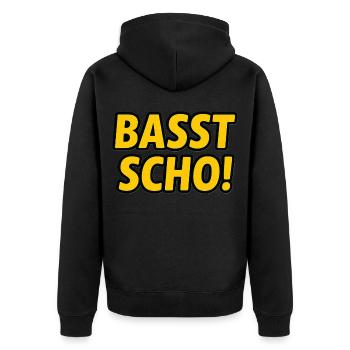 Basst scho! – Fränkischer Spruch in Gelb - Unisex Premium Bio Zip Hoodie - Schwarz - Hinten - Nico (187cm)