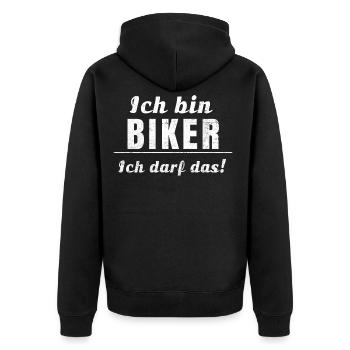 Ich bin Biker, ich darf das! - Unisex Premium Bio Zip Hoodie - Schwarz - Hinten - Nico (187cm)