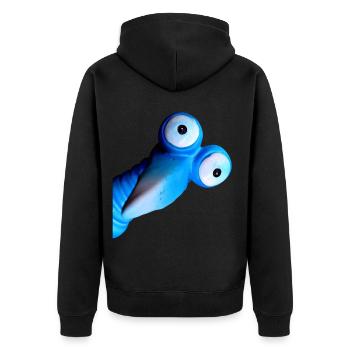 Lustiger blauer Vogel mit großen Augen - Unisex Premium Bio Zip Hoodie - Schwarz - Hinten - Nico (187cm)