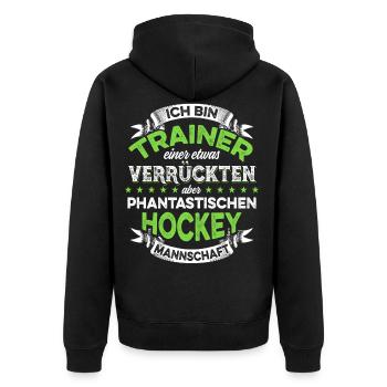 Trainer einer verrückten Hockey Mannschaft - Unisex Premium Bio Zip Hoodie - Schwarz - Hinten - Nico (187cm)
