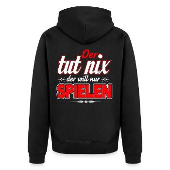 Der tut nix - der will nur Spielen - Hundebesitzer - Unisex Premium Bio Zip Hoodie - Schwarz - Hinten - Nico (187cm)